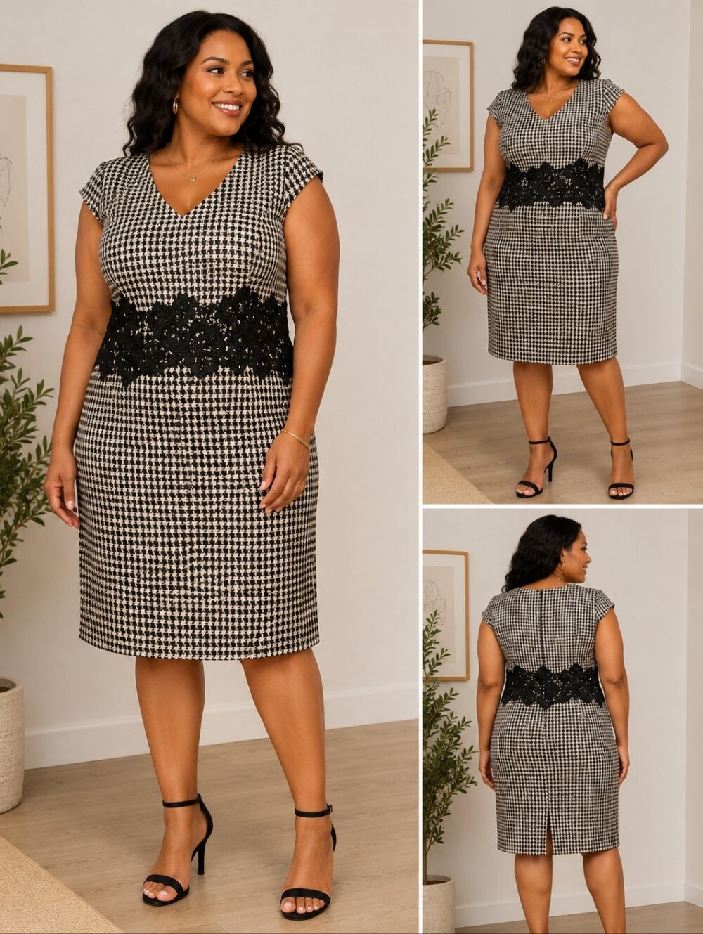cleo Black and White Houndstooth Lace-Trim Sheath Dress